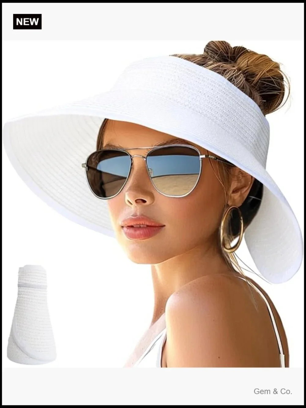 Wide Brim Sun Hat Roll-Up Beach Ponytail Visor Packable Travel